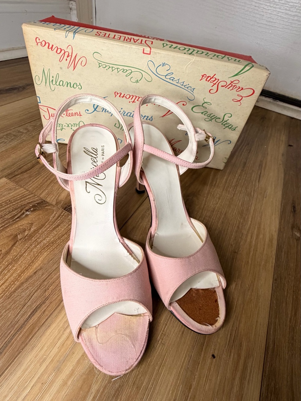 Vintage 1960s Marcella Rome Paris Pink Heels Ankle Strap Open Toe + Shoe Box